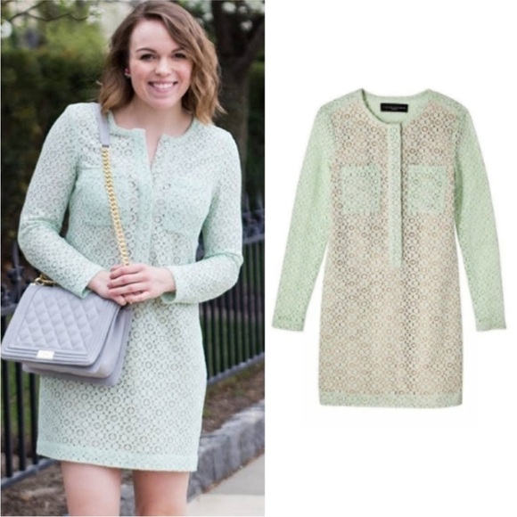NWOT Victoria Beckham Long Sleeve Mini Dress Green Nude Lace Eyelet M - Picture 1 of 11